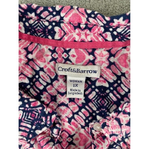 Croft & Barrow Woman 1X Pink Blue Print 3/4 Sleeve Button Front Shirt Top - Picture 3 of 12